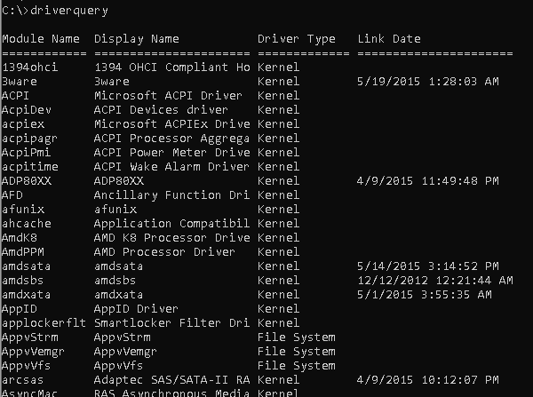 DRIVERQUERY - List Drivers and Properties