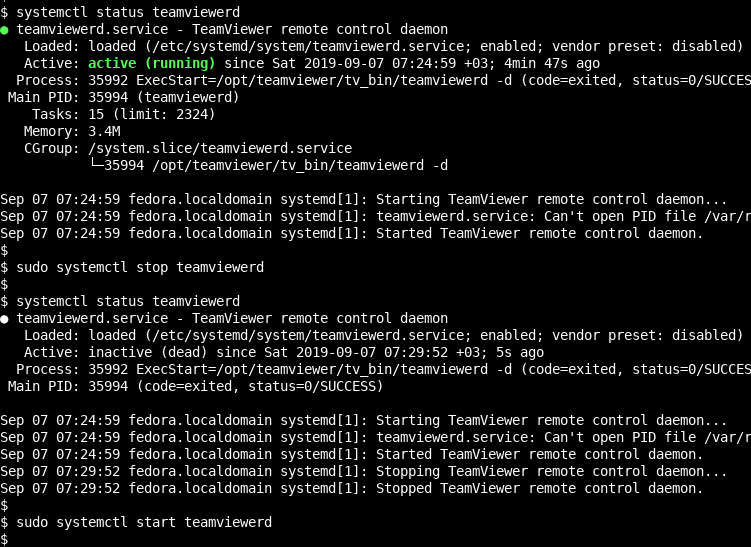 Fedora, CentOS, Red Hat TeamViewer Service Start, Stop, Status