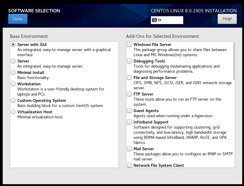 CentOS 8 Install Software Selection