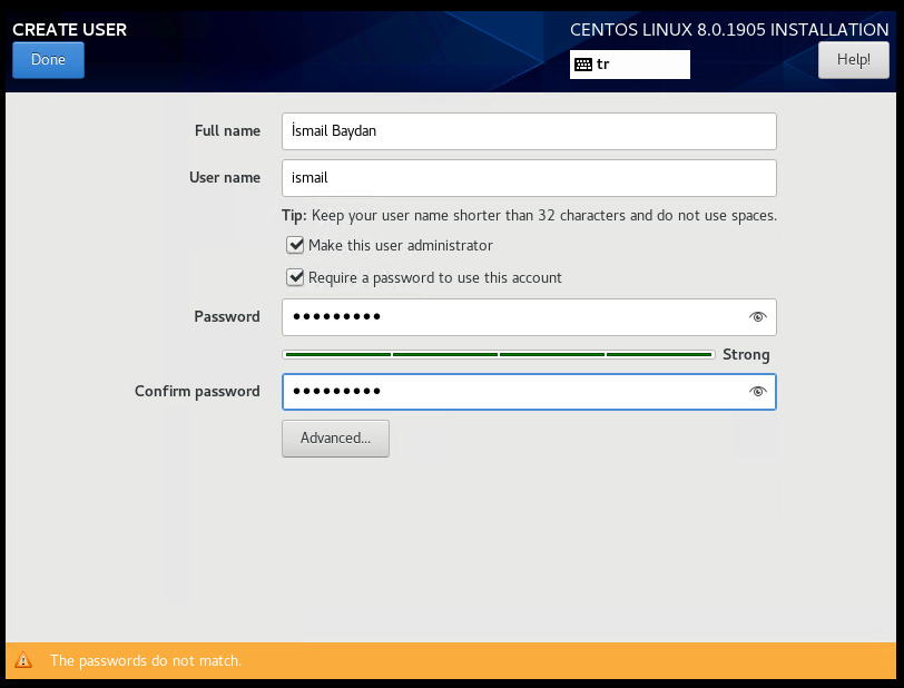 CentOS 8 Install User Creation
