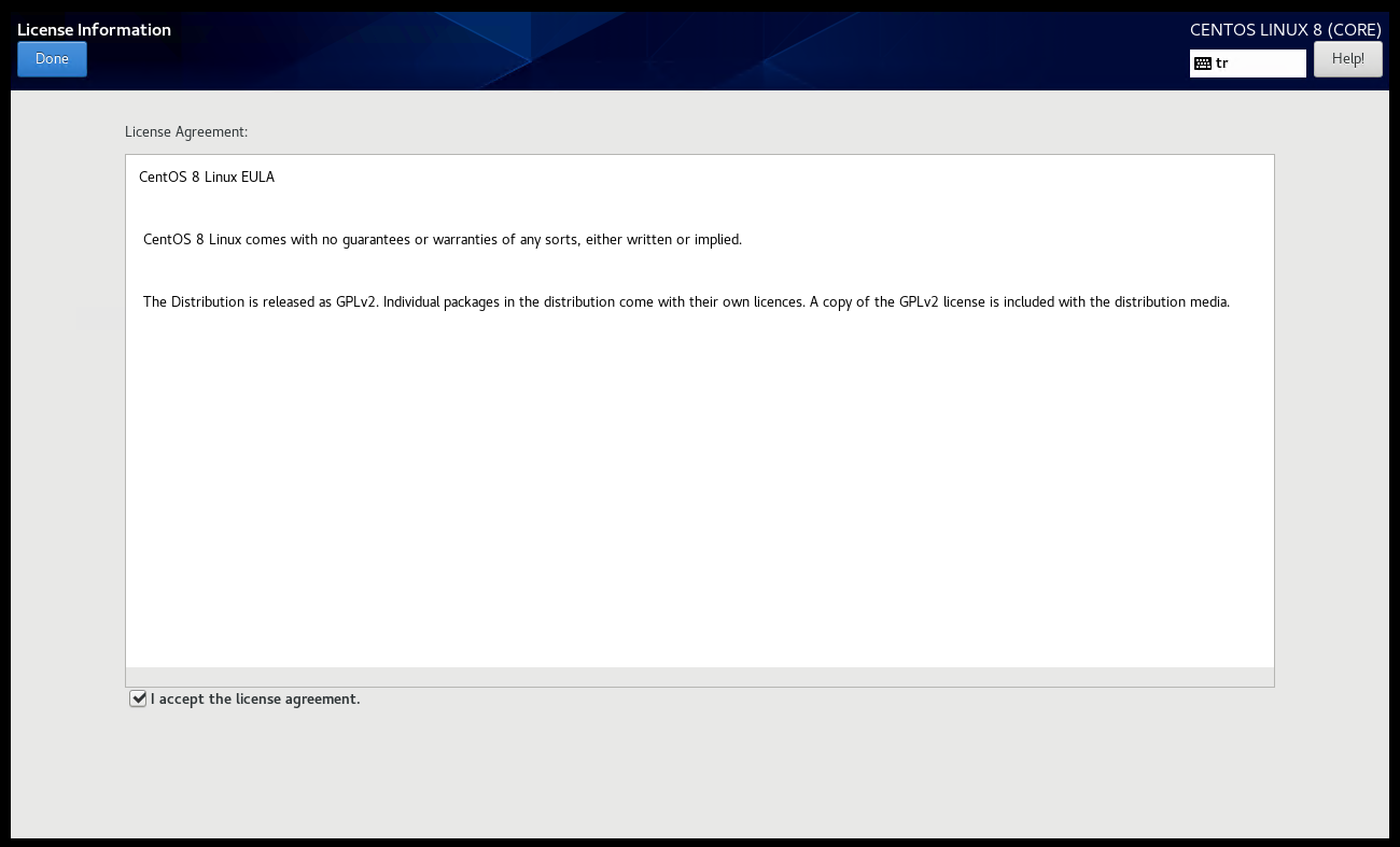 CentOS 8 Installation License Agreement
