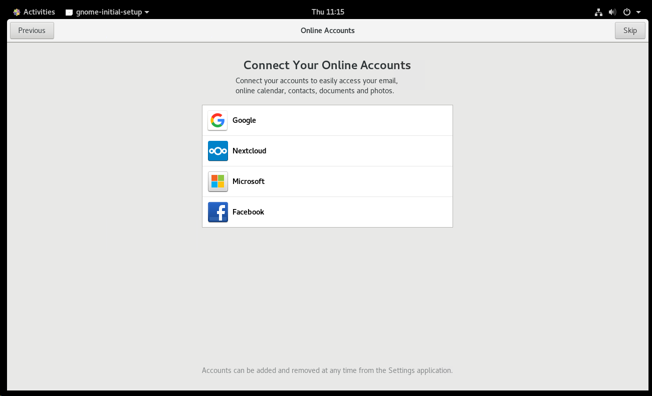CentOS 8 Gnome Connect Google, Microsoft, Facebook
