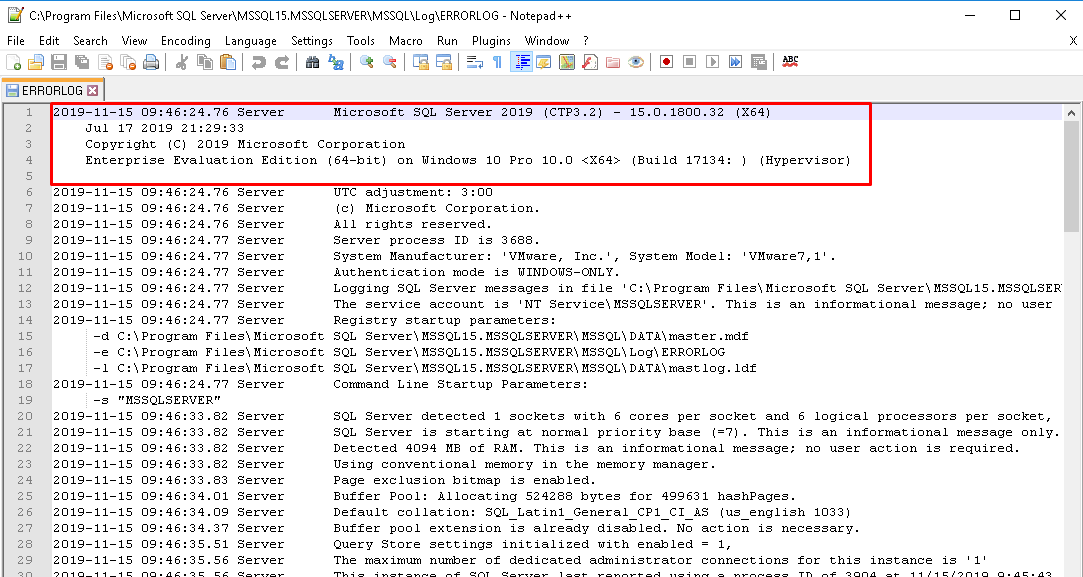 MS SQL Server Version Information From Error Log