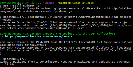 npm install nodemon -g global module install example